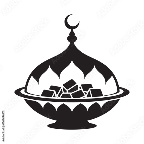 A black and white illustration of a decorative tray with turkish delight