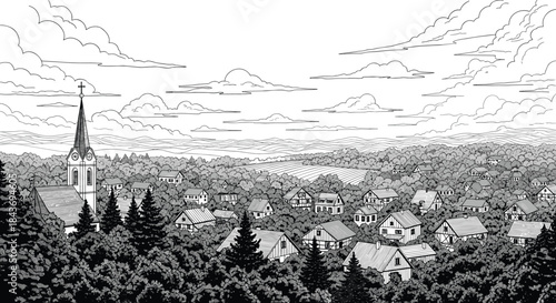 Detailed black and white pen and ink style drawing of a quaint European village nestled among lush trees with a church steeple.