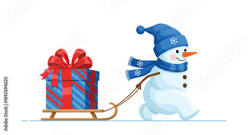 A cheerful cartoon snowman wearing a blue hat and scarf pulling a sled with a large wrapped Christmas gift box with a red bow.