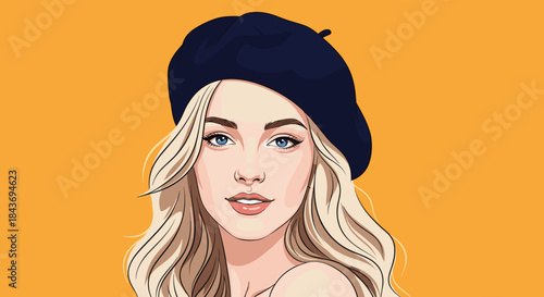 Beautiful portrait of a young blonde woman with blue eyes wearing a dark beret against a solid orange background illustration.
