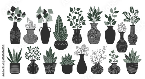 Collection of stylish houseplants in decorative pots and vases shown in a monochrome black and green doodle art style.