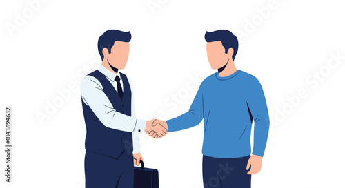 Simple flat design illustration of two faceless businessmen shaking hands in agreement on a deal isolated on white background.