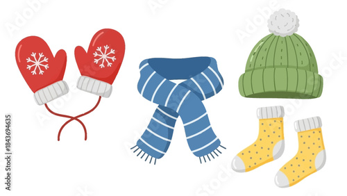 Colorful essential winter clothing and warm accessories for cold weather comfort