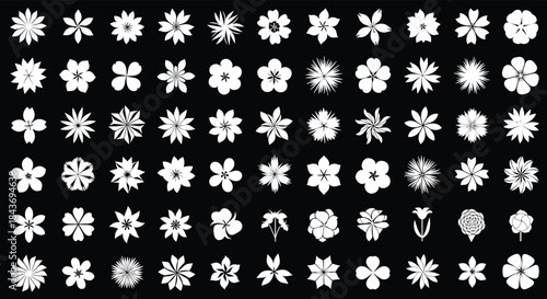 Large collection of white flower silhouette icons in various shapes and styles on a solid black background for design elements.