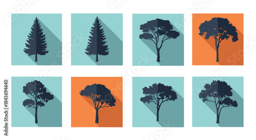 Collection of flat design tree icons with long shadows showing various types of deciduous and evergreen tree silhouettes.
