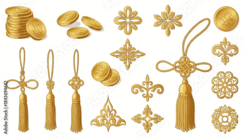 Exquisite golden collection featuring traditional knot tassels, ancient coins, and ornate embellishments.