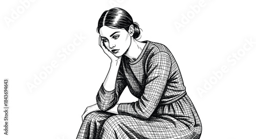 A black and white ink drawing of a sad or thoughtful woman sitting with her head resting on her hand in a vintage style.
