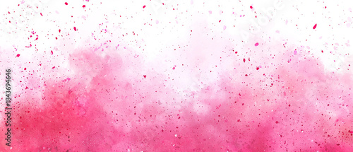 Abstract watercolor art with vibrant pink and red paint splashes, speckles, and dots, creating a beautiful gradient on white