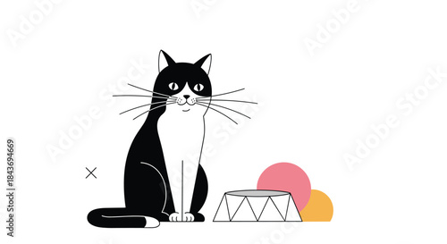 A minimalist and modern illustration of a black and white tuxedo cat sitting next to an empty bowl with abstract shapes.