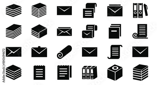 Set of black silhouette icons representing various office documents mail and paperwork including stacks of paper and binders.