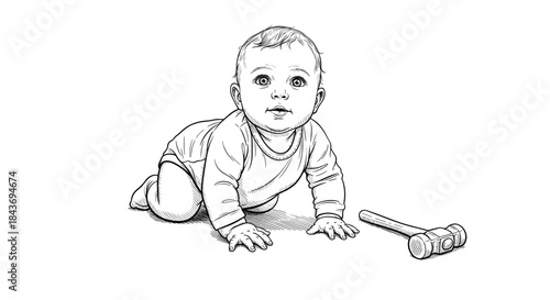 A detailed black and white pen and ink style drawing of a cute baby crawling towards a toy hammer on the floor.