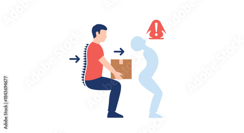 Ergonomic safety infographic showing the correct and incorrect posture for lifting heavy boxes to prevent serious back injury.