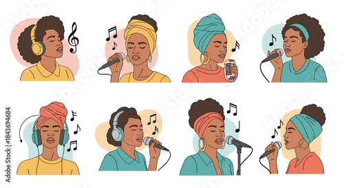 Set of beautiful African American women singing into microphones and listening to music with headphones in a doodle art style.
