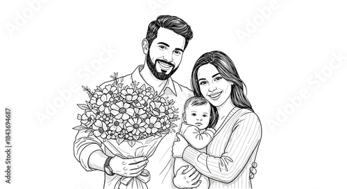 Beautiful black and white hand-drawn illustration of a happy young family with a man woman and their baby for a greeting card.