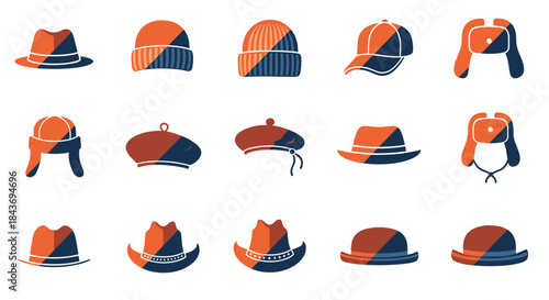 Collection of winter and fashion hats in a modern two-tone style including beanies fedoras caps and ushanka hats.