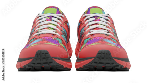Pair of colorful athletic running shoes isolated on transparent background