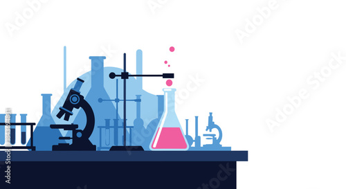 Blue silhouette of a science laboratory bench with chemistry glassware, including beakers, flasks, and a powerful microscope.