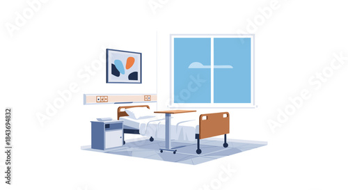 Clean and empty hospital room with an adjustable bed, bedside cabinet, and a large window for patient recovery and healthcare.