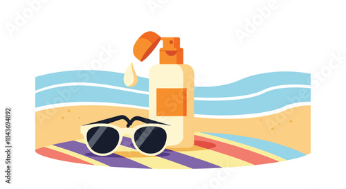 Sunscreen lotion bottle and sunglasses on a colorful beach towel with the ocean and sand, a concept of summer sun protection.