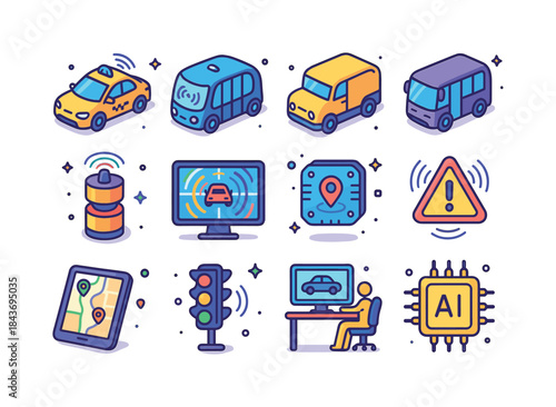 Autonomous Vehicle Icons. Autonomous vehicles. Colorful isometri