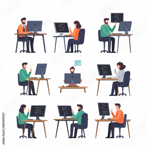 Set of vector illustrations depicting software developers, coders, and programmers working diligently at desks on computers, isolated on white background.