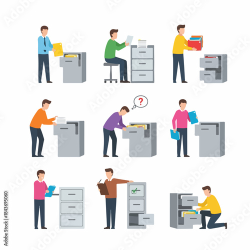 Office Workers Filing and Organizing Documents Set: Business People Managing Data and Archives in Filing Cabinets.