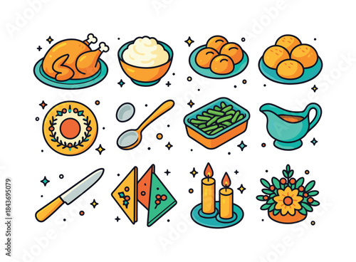 Festive Dinner Icons. Holiday Dinner. Colorful isometric vector