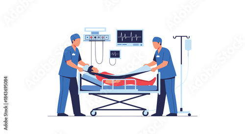 Two paramedics in uniform moving a patient on a hospital stretcher with IV drip and monitoring equipment for emergency services.