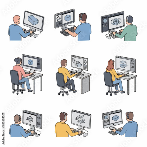 Set of 3D Modeling and CAD Engineers Working on Computers. Isometric Illustration of Digital Design Professionals and Architects Creating Geometric Shapes.