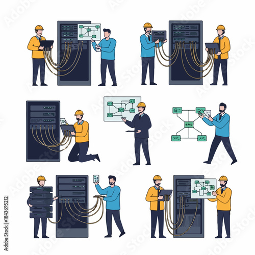 IT engineers and technicians setting up, maintaining, and repairing server racks and network systems. Collection of flat illustrations showing data center work and network topology management.