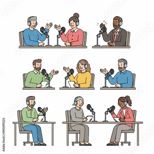 Diverse Group of Podcast Hosts and Radio Broadcasters Sitting at Desks with Microphones, Recording Audio Content