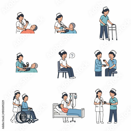 Collection of nursing procedures and hospital care illustrations including patient examination, assistance, vital checks, and medical staff interaction.