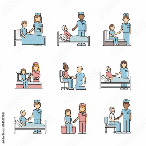 Healthcare worker and patient interactions set, showing medical staff offering care and comfort in hospital rooms, vector icon collection.