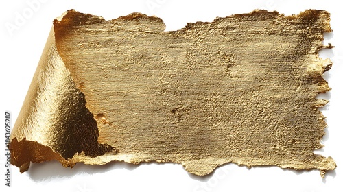 Torn gold foil sheet with curled edge on white background