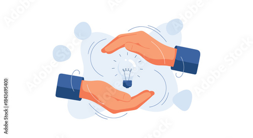 Two hands protecting a glowing lightbulb, a concept for safeguarding intellectual property, creative ideas, and innovative patents.