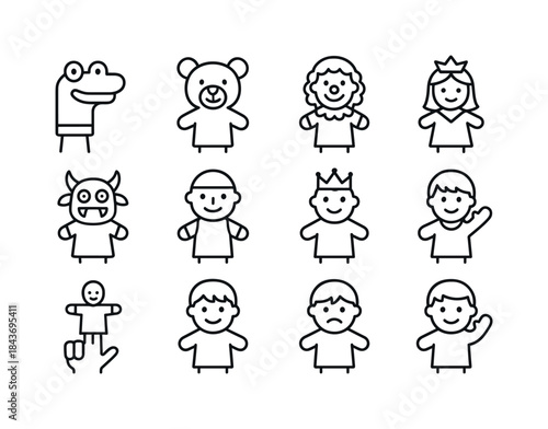 Hand Puppet Icons. Hand Puppets. Line icon set of Hand Puppets: