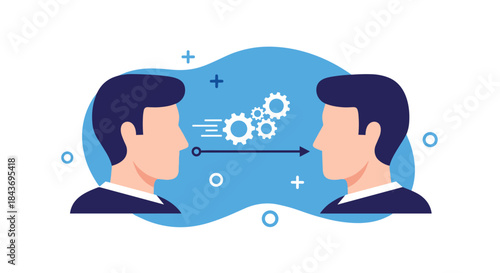 Effective knowledge transfer between two people, illustrated with gears moving from one person's head to another's in an exchange.