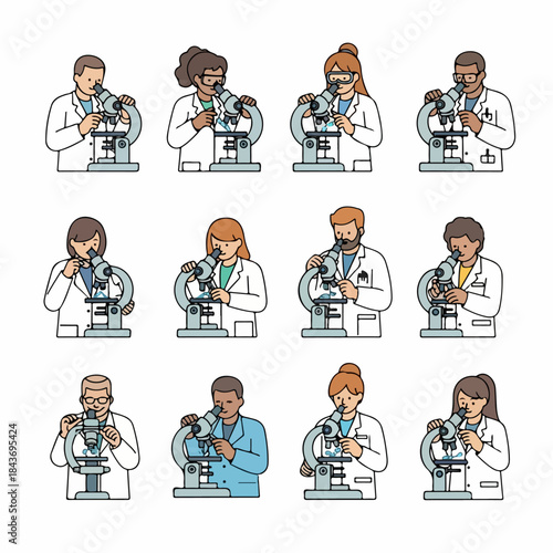 Illustration of diverse male and female scientists wearing lab coats and examining specimens under microscopes.