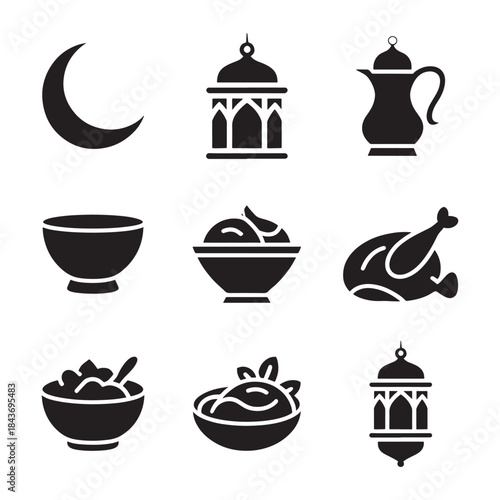 Ramadan icons depicting crescent moon food and traditional islamic elements