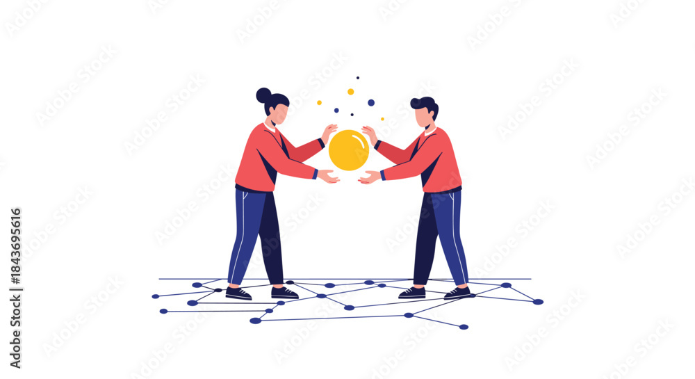 Obraz premium Man and woman passing a glowing orb between them while standing on a network grid, symbolizing the transfer of data or ideas.