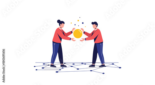 Man and woman passing a glowing orb between them while standing on a network grid, symbolizing the transfer of data or ideas.