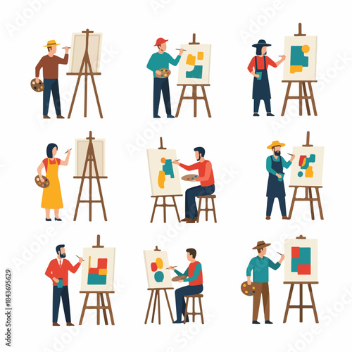 Diverse set of artists and painters working on canvas using brushes and palettes, creative profession and art class concept illustration.