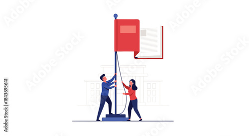 Man and woman raising a flag that is an open book, symbolizing the importance of literacy, education, and knowledge for a nation.