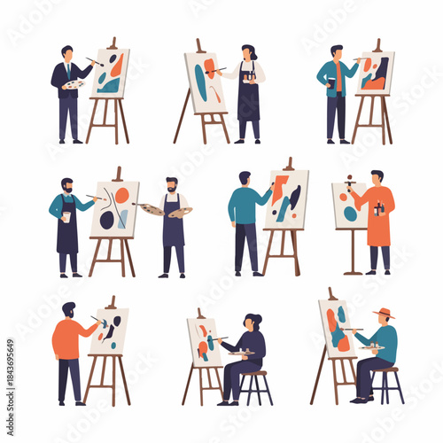 A Collection of Diverse Artists Painting Abstract Modern Art on Easels, Illustrating Creativity, Hobbies, and Art Education.