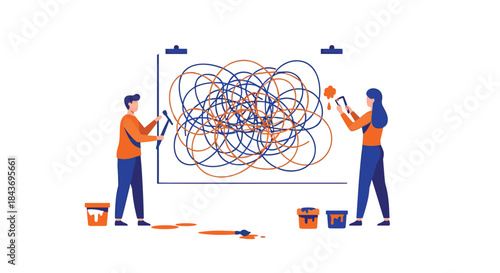 Man and woman painting a large, chaotic abstract scribble on a canvas, representing teamwork in sorting out complexity and chaos.