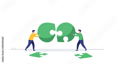 Two men working together to connect two large green puzzle pieces, a metaphor for teamwork, problem-solving, and collaboration.