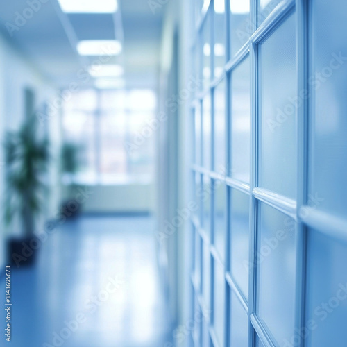 Blue-hued, blurry office hallway with sharp frosted glass partition in foreground, revealing distant windows and ceiling lights