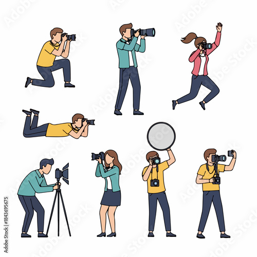 Diverse Photographers Vector Set Capturing Images with Professional DSLR Cameras, Lenses, and Studio Equipment in Different Poses.