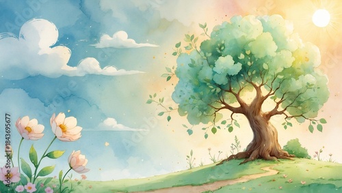 Watercolor Dreamscape A Serene Hillside Tree