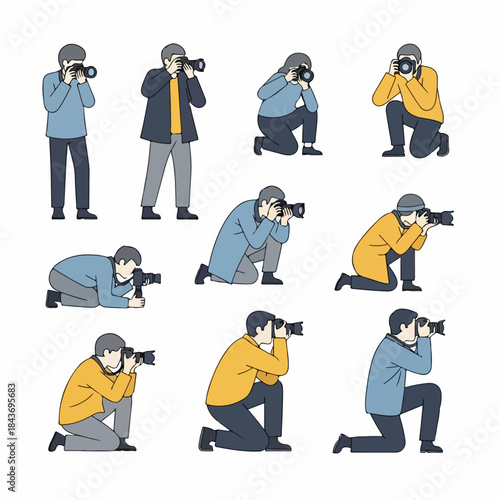 Collection of Photographers and Cameramen Capturing Photos in Diverse Poses, including Standing, Kneeling, Crouching, and Lying Down, Isolated Vector Illustrations.